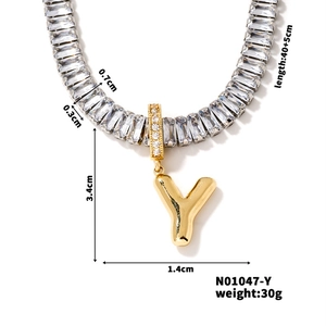 Detailed dimensions of gold 'Y' letter necklace with cubic zirconia, model N01047-Y