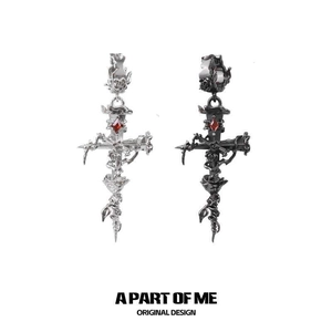 Gothic rose cross earrings with thorns and red gemstone in silver and black gunmetal