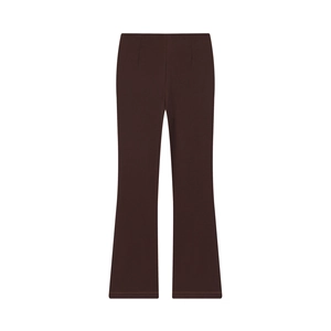 Detail of high-waist dark brown flared trousers with contrast stitching on the hem