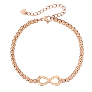 Elegant rose gold infinity symbol bead bracelet with a delicate heart charm and lobster clasp