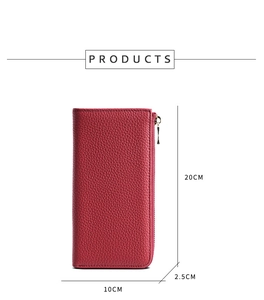 Detail view of pink leather long wallet showing dimensions 20cm x 10cm x 2.5cm