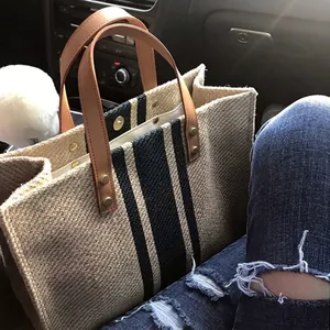 Canvas Tote Bag For Women Striped Large Capacity Handbag With Leather Handles Minimalist Commute Shoulder Bag