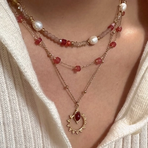 French vintage 14K gold plated layered necklace with red agate and pearl beads