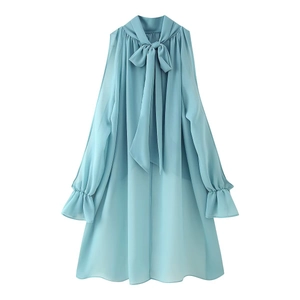 Elegant light blue chiffon dress with tie-neck bow and flowing bell sleeves for women