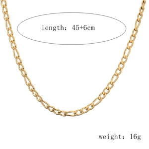 Golden Figaro necklace detailing 45 plus 6cm length and 16g weight on white background