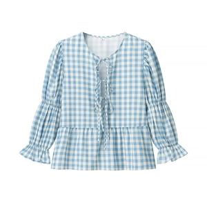 Blue and white gingham V-neck blouse with bow ties and ruffled peplum hem