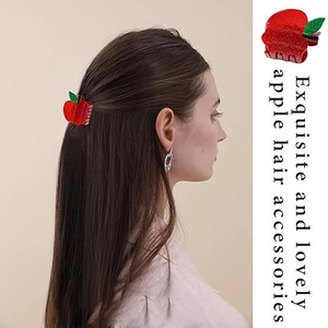 Detailed close-up and model view of an exquisite red apple-shaped acrylic hair claw clip