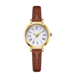 Classic women's quartz watch with gold round case, white Roman dial, and brown leather strap