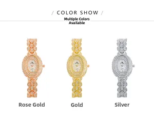 Close-up of three women's quartz watches in rose gold, gold, and silver with full rhinestones