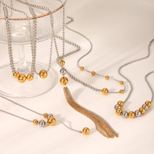 18K gold plated stainless steel bead necklaces with Y-shaped tassel in gold and silver