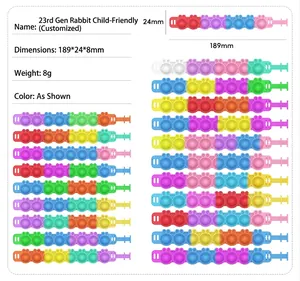 Detailed view of colorful rabbit ear silicone pop fidget bracelet with size specifications