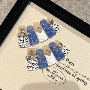 Handmade Press On Nails Long Duckbill Y2K Blue Smudge Zebra Pattern With Saturn Cross Heart Rhinestone Charms Luxury Manicure