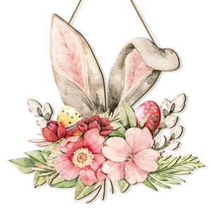 Plaque de porte de Pâques en bois avec oreilles de lapin et décor floral aquarelle