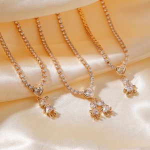 Gold Plated Copper Rhinestone Family Necklace With Heart Figure Pendant Hip Hop Unisex Long Sweater Chain Jewelry Gift
