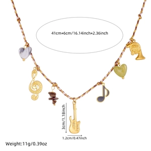 Detailed view of woven necklace with guitar and musical note pendants and size specs