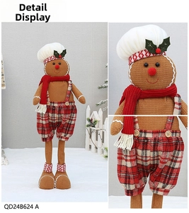 Close-up detail of gingerbread man plush with red checkered overalls and chef hat decor