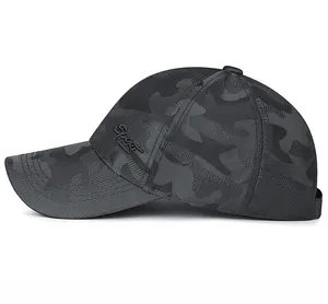 Detail of camouflage baseball cap with breathable mesh and Sport embroidery