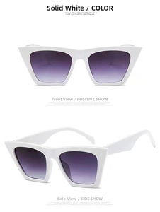 Vorder- und Seitenansicht der weißen quadratischen Sonnenbrille mit lila Verlaufsgläsern