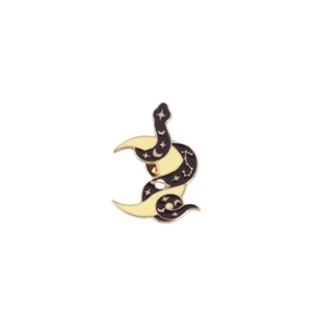 Enamel brooch with black snake and crescent moon design featuring stars and celestial maps