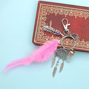 Detail of pink feather, crystal point, and Hamsa hand on a dreamcatcher keychain