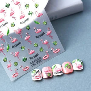 Autocollants à ongles 5D détaillés avec flamants roses et feuilles vertes tropicales