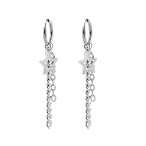 Detailed view of silver stainless steel drop earrings with pentagram stars and chain tassels