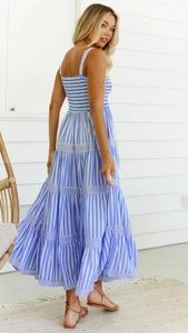 Détail de la robe d'été rayée bleue et blanche montrant le dos et la texture du tissu