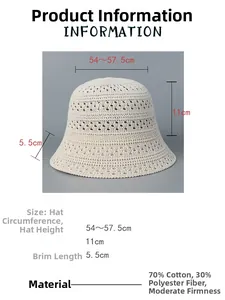 Size chart showing 54-57.5cm circumference for women hollow-out knit bucket hat