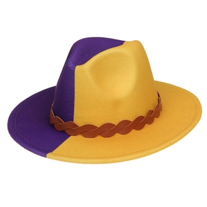 Detail of two-tone purple and yellow wool felt fedora with brown braided leather band