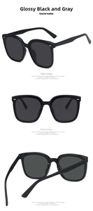 Three-view layout of retro bright black square sunglasses with full grey lenses