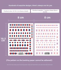 Detail view of purple and blue argyle nail stickers showing 8x10.3cm sheet dimensions