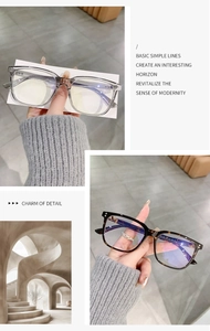 Detail view of square frame glasses in transparent grey and classic tortoiseshell pattern