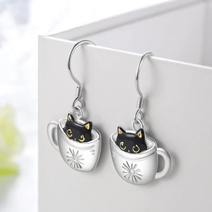 Creative silver cat earrings with black enamel cats in coffee cups for women