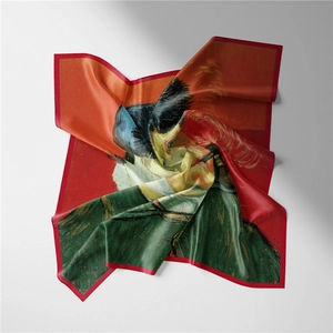 Detail of artistic Van Gogh oil painting print on premium silk scarf with red rolled edges