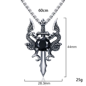 Silver dragon sword cross necklace with black gemstone and 60cm stainless steel chain
