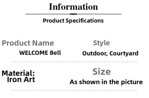 Detailed specifications table for Welcome cast iron bell showing material and outdoor dimensions
