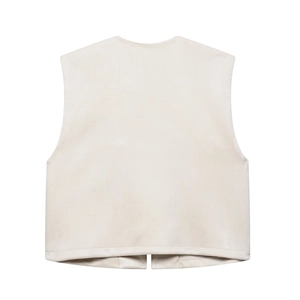 Detailed view of cream embroidered vest with premium suede texture and flat lay design