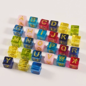 Colorful alphabet resin beads for DIY jewelry with gold lettering and pre-drilled holes