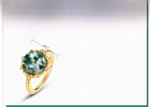 Detail of S925 sterling silver ring with 10mm round green moss agate in four-prong setting