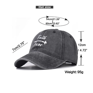 Detail of grey washed cotton baseball cap with Faith OVER Fear text and cross embroidery