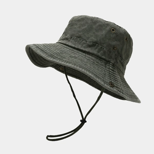 Detail of grey washed cotton fishing hat with metal eyelets and adjustable wind rope