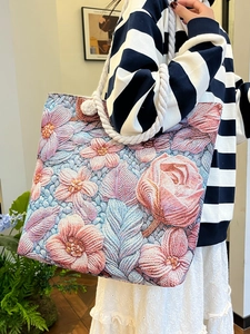 Ethnic style floral embroidery canvas tote bag with thick white rope handles for women