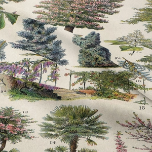 Detailed macro view of retro botanical floral print on premium linen blend tapestry fabric