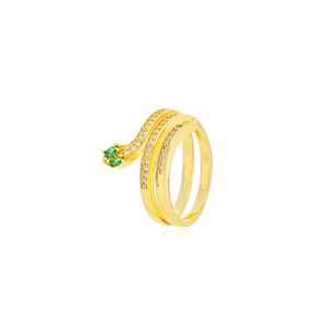 Vintage emerald green gemstone snake ring with cubic zirconia in gold-plated finish
