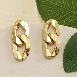 Polished 18K gold plated titanium steel chain link earrings with minimalist oval design