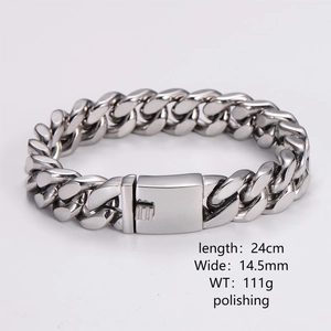 Polished silver stainless steel Cuban chain bracelet for men, 14.5mm wide and 24cm long