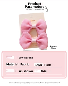 Detail showing dimensions and material of pink fabric bow hair clips for girls