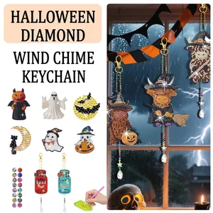 DIY Diamond Painting Keychain Kit Halloween Theme Acrylic Rhinestone Suncatcher Wind Chime Pendant Gnomes Pumpkins Ghosts Handmade Craft Gift