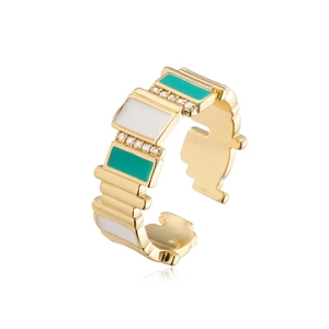 Adjustable gold plated geometric ring with white and turquoise enamel and zircons