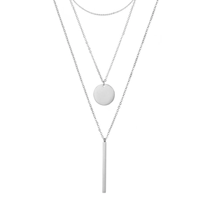 Three-layer silver stainless steel necklace with geometric round and bar pendants